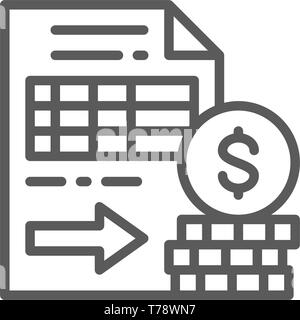 Documenti con denaro, opzioni, futures icona linea. Illustrazione Vettoriale