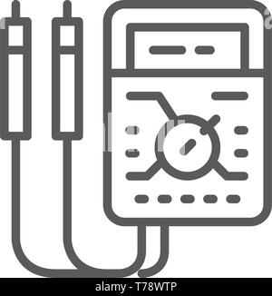 Amperometro, multimetro digitale, utensile elettrico, voltmetro icona linea. Illustrazione Vettoriale