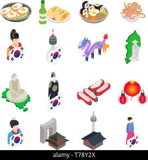 Corea del set di icone, stile isometrico Illustrazione Vettoriale