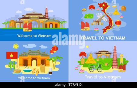 Vietnam set di banner, stile piatto Illustrazione Vettoriale