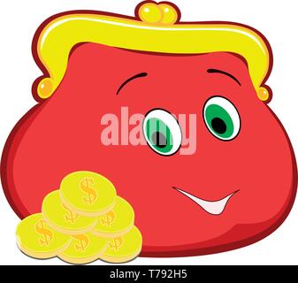 Disegno piatto di un portafoglio rosso. Portafoglio con occhi. Sorridente cartoon wallet.A mazzo di monete dollaro-cent. Isolato, bianco. Vettore Illustrazione Vettoriale