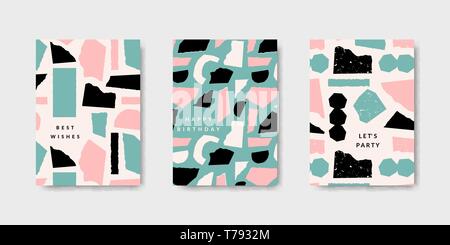 Moderno e giocoso greeting card con modelli di carta tagliato le forme in luce blu, rosa e nero e crema. Collage contemporanei brochure, volantini, nuovo Illustrazione Vettoriale