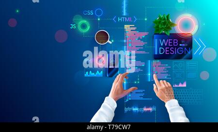 Web design e codifica nella pagina internet linguaggi di sviluppo. Designer sviluppa il layout del sito nei linguaggi di programmazione e script. Concetto di Banner di Illustrazione Vettoriale