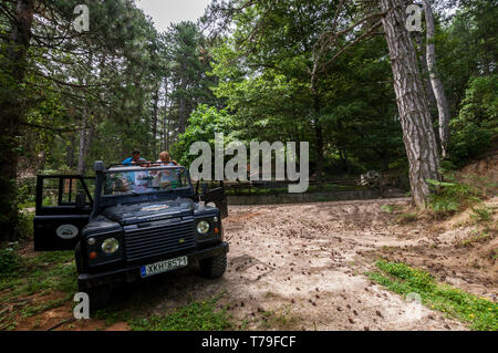 Sithonia, Calcidica, Grecia - 27 Giugno 2014: Offroad car Land Rover Defender 110 all'aperto Foto Stock