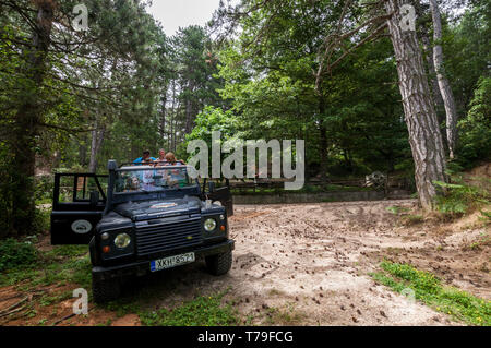 Sithonia, Calcidica, Grecia - 27 Giugno 2014: Offroad car Land Rover Defender 110 all'aperto Foto Stock