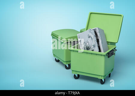 3D rendering di due verdi trash lattine, anteriore può aprire con piegata e metallica rotta sicura dentro, sulla luce-sfondo blu. Foto Stock
