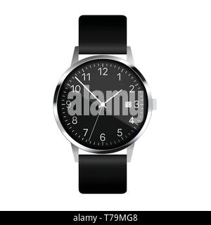 Illustrazione realistica del black metal orologi da polso con riflessioni, mani bianche, numeri e data timbro. Isolato su bianco - vettore Illustrazione Vettoriale