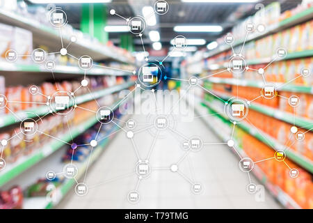 Franchising rete di distribuzione Negozio Retail Business concetto finanziario. Supermercato sfocata sullo sfondo. Foto Stock