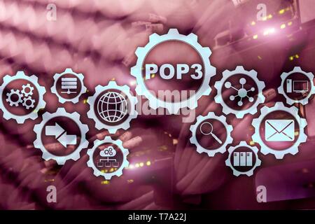 POP3. Post Office Protocol versione 3. Protocollo Internet standard sul background del datacenter. Foto Stock
