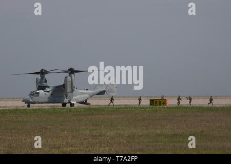 Un U.S. Marine Corps MV-22B Osprey con mezzo marino Tiltrotor Squadron (VMM) 265 e Marines con 3° Battaglione, 6° Reggimento Marine, seconda divisione Marine, il comportamento di un Marine Air-Ground Task Force dimostrazione durante la xliii Giappone marittimo Forza di Autodifesa - Marine Corps Air Station Iwakuni amicizia giorno a MCAS Iwakuni, Giappone, 5 maggio 2019. Dal 1973, MCAS Iwakuni ha tenuto un solo giorno air show progettato per favorire relazioni positive e offrire un'esperienza emozionante che visualizza il supporto comune tra Stati Uniti e Giappone. L'air show compresi vari statunitensi e giapponesi di statica Foto Stock