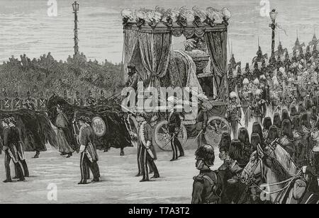 Alejandro II de Rusia (1818-1881). Zar del Imperio Ruso de 1855 hasta su asesinato en 1881. Rusia. Petersburgo di San. Conducción de los ristoranti mortales del Emperador Alejandro II, desde el Palacio de invierno al Panteón de la familia imperial, el 19 de marzo. Grabado por Tomás Carlos Capuz (1834-1899). Detalle. La Ilustración Española y americana, 8 de abril de 1881. Foto Stock