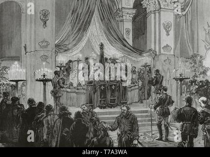 Alejandro II de Rusia (1818-1881). Zar del Imperio Ruso de 1855 hasta su asesinato en 1881. Petersburgo di San. Exequias del Emperador Alejandro II en la Catedral de San Pedro y San Pablo, el 27 de marzo. Grabado. La Ilustración Española y americana, 8 de abril de 1881. Foto Stock