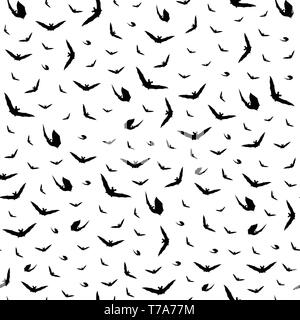 Flying bat seamless pattern bianco su sfondo isolato. Il nero animale texture silhouette design. Illustrazione Vettoriale