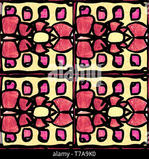 Seamless pattern astratti. Marrone, rosa e giallo forme geometriche su uno sfondo nero. Brillante ornamento ritmiche con rettangoli e triangoli. Foto Stock