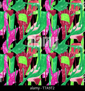 Seamless pattern astratti. Il verde delle forme geometriche su uno sfondo nero. Ornamento multicolori con erba, fiori e foglie. Foto Stock