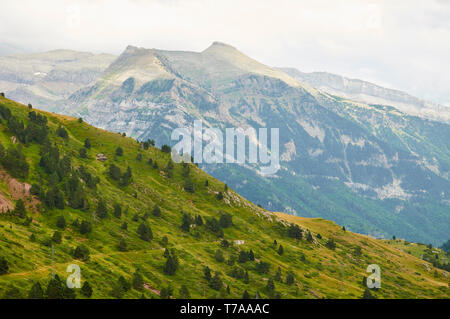 Collina vicino al passo del col du Somport con la vetta della Moleta e il Iserías cirque sullo sfondo (Somport, Pirenei, Jacetania, Huesca, Aragona, Spagna) Foto Stock