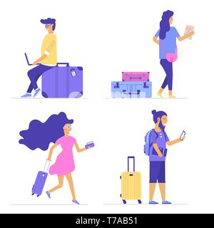 Giovani con borsa da viaggio e bagaglio di andare in vacanza estiva, viaggio o vacanza. Set di icone di turisti in abbigliamento di vario stile. Appartamento isolato Illustrazione Vettoriale