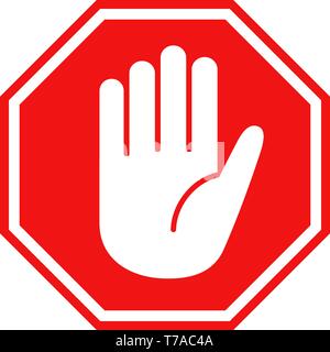 Semplice arresto rosso cartello stradale con grossa mano simbolo o icona illustrazione vettoriale Illustrazione Vettoriale
