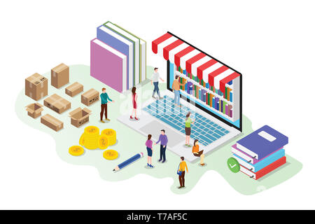 Isometrica, 3d online prenota store concept con biblioteca digitale di libri sul laptop con il team di persone acquista con spedizione CARTONE - illustrazione vettoriale Foto Stock