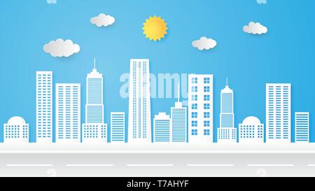 Illustrazione del paesaggio urbano, edificio e sullo skyline, paesaggio urbano. Taglio della carta fatta costruire, strada, sole e nuvole su sfondo blu. Arte di carta 3 Illustrazione Vettoriale