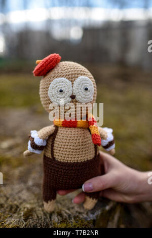 SYKTYVKAR, Russia - 05 Maggio 2019: immagine illustrativa. Il gufo giocattolo in maglia la tecnica di maglieria amigurumi Foto Stock