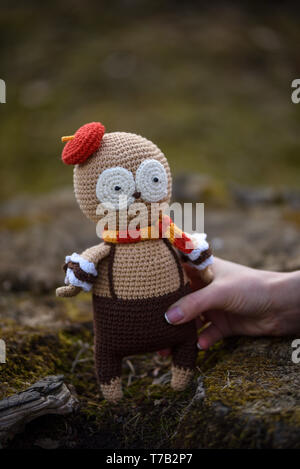 SYKTYVKAR, Russia - 05 Maggio 2019: immagine illustrativa. Il gufo giocattolo in maglia la tecnica di maglieria amigurumi Foto Stock