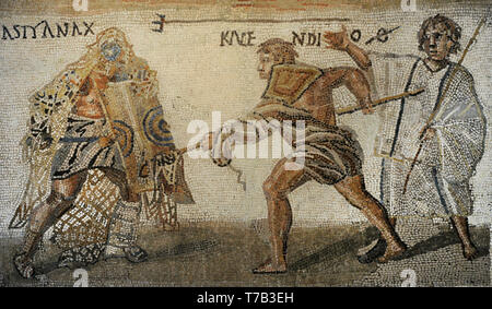 Mosaico romano. Calcari. Secutor versus retiarius. Raffigurazione di una lotta mortale tra il secutor Astianatte e il retiarius Kalendio. Il lanista (gladiator trainer) incoraggia il combattimento. Dettaglio della parte inferiore della scena a mosaico. Iii secolo D.C. Da Roma (Italia). Museo Archeologico Nazionale. Madrid. Spagna. Foto Stock