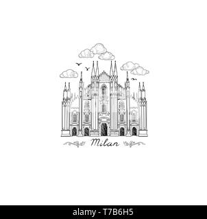 Milano simbolo. Viaggiare in Italia città icona. Mano bozzetto. Il Duomo di Milano Illustrazione Vettoriale