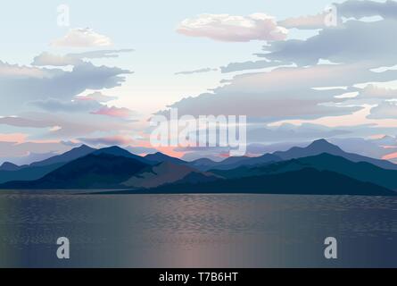 Mare skyline. Tramonto sul mare. Montagna e colline del paesaggio. Skyline rurale. Il lago di laguna vista resort sfondo Illustrazione Vettoriale