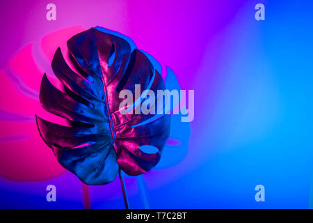 Foglie tropicali in vibranti bold olografico di gradiente di colori al neon Foto Stock