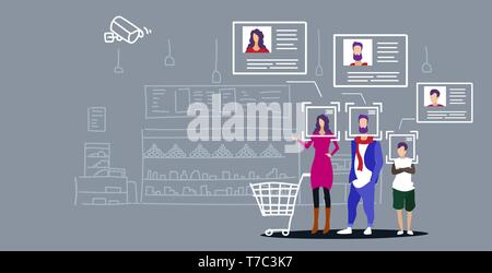 Famiglia con negozi di generi alimentari nel carrello della spesa Il carrello di identificazione cliente riconoscimento facciale concetto negozio di alimentari di sicurezza interna telecamera di sorveglianza Illustrazione Vettoriale