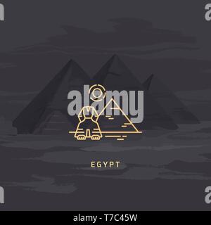 Icona del vettore del più famoso simbolo di Egitto - la piramide, Sphinx e sun. Illustrazione Vettoriale