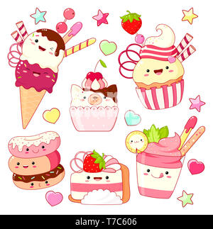 Set di carino dolce icone in stile kawaii con volto sorridente e guance rosa per il dolce design. Gelato, ciambelle, torta gelato, kids, tortina. EPS8 Foto Stock