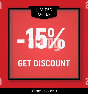 La vendita di 15 percento di sconto, ottenere lo sconto sito web pulsante. Vetrina, dietro il vetro design. illustrazione vettoriale Illustrazione Vettoriale