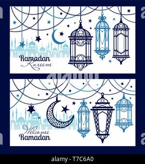 Il Ramadan Kareem celebrazione saluto striscioni decorati con lune e stelle Illustrazione Vettoriale