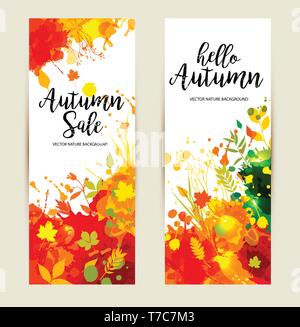 Testo calligrafico Vendita sul blot multicolore sfondo. Disegnata a mano grunge blot elementi. In autunno i banner di set. Illustrazione Vettoriale
