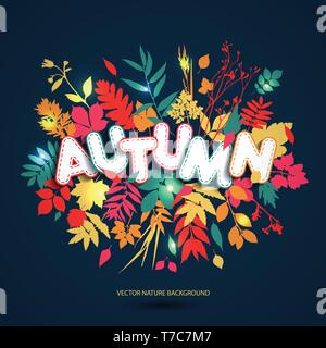 Testo autunno in stile carta su sfondo multicolore con foglie di autunno. Lo stile di caduta per la vendita autunnale. Illustrazione Vettoriale