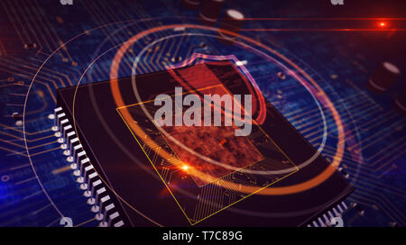 Cyber security concetto con ologramma di protezione sulla CPU di lavoro in background. La protezione digitale, firewall, il cyberspazio e la sicurezza di un computer abstract anim Foto Stock