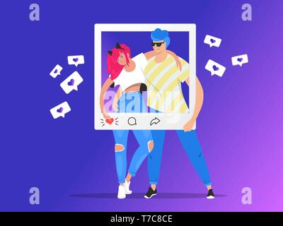 Social media classifica foto e condivisione. Il vettore gradiente illustrazione di due giovani teenegers in posa insieme per ama in social media network. Persone Illustrazione Vettoriale