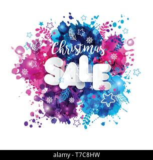 Segni di vendita di natale in stile carta su multicolori disegnate a mano blot sfondo. Vettore illustrazione di natale. Illustrazione Vettoriale