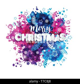 Segno Buon Natale in stile carta su multicolori disegnate a mano blot sfondo. Vector natale illustrazione. Illustrazione Vettoriale