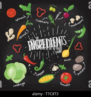 Vettore cibo sano poster in stile appartamento con verdure e scritte Illustrazione Vettoriale