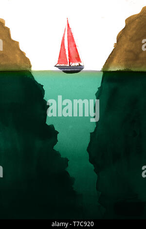 Illustrazione Di surreale con barca a vela tra due scogli galleggianti su verde acqua colorata Foto Stock