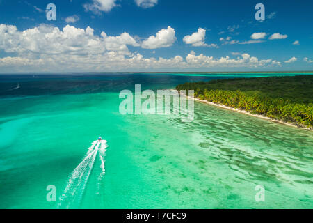 Vista aerea della spiaggia tropicale. Saona Island, Repubblica Dominicana Foto Stock