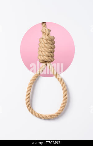 Corda cappio con stretto hangman nodo a strati di carta bianca di sfondo rosa con foro posteriore dello spazio di copia Foto Stock