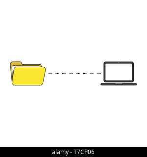 Icona vettore nozione di trasferimento di file tra cartella aperta e laptop. Illustrazione Vettoriale