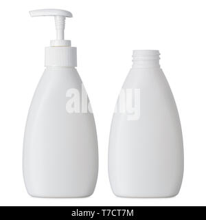 Liquido cosmetico bottiglia con e senza erogatore a pompa isolati su sfondo bianco. Foto Stock