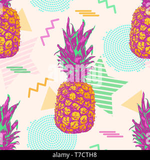 Tropical seamless pattern con l'ananas. In stile retrò con colori vibranti. Foto Stock