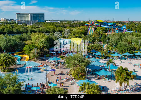 Orlando, Florida. Aprile 20, 2019. Vista panoramica di Aquatica Water Park e Hilton Hotel a International Drive area . Foto Stock