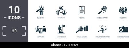 Risorse umane set di icone di raccolta. Include elementi semplici come la ricerca, il lavoro di squadra, riprendere la ricerca globale, selezione, i risultati conseguiti e un umano Illustrazione Vettoriale